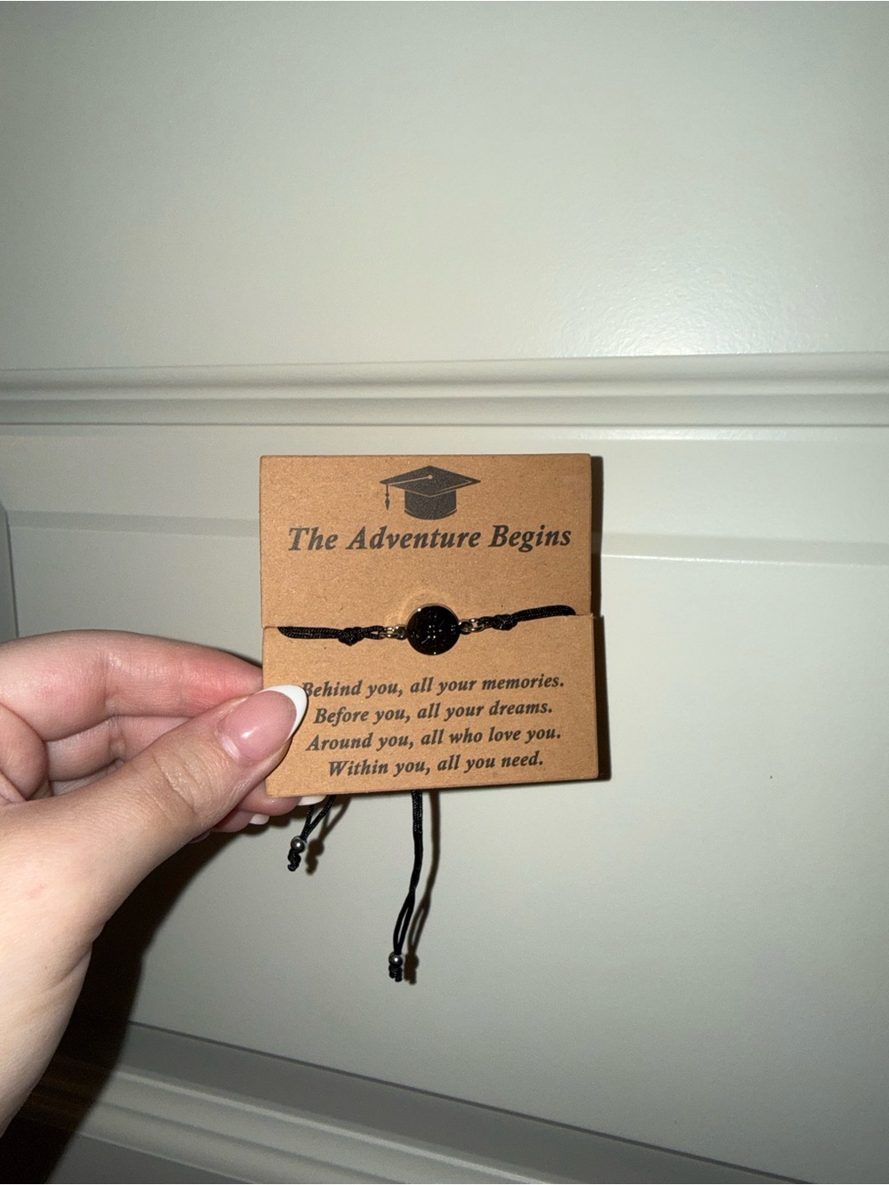 'The Adventure Begins' Black Cord Graduation Bracelet
